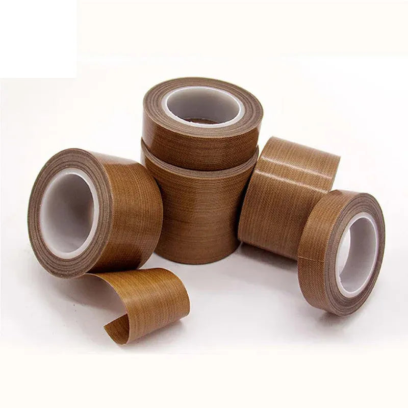 Brown PTFE silicone adhesive tape roll with inner core, shown in three angles