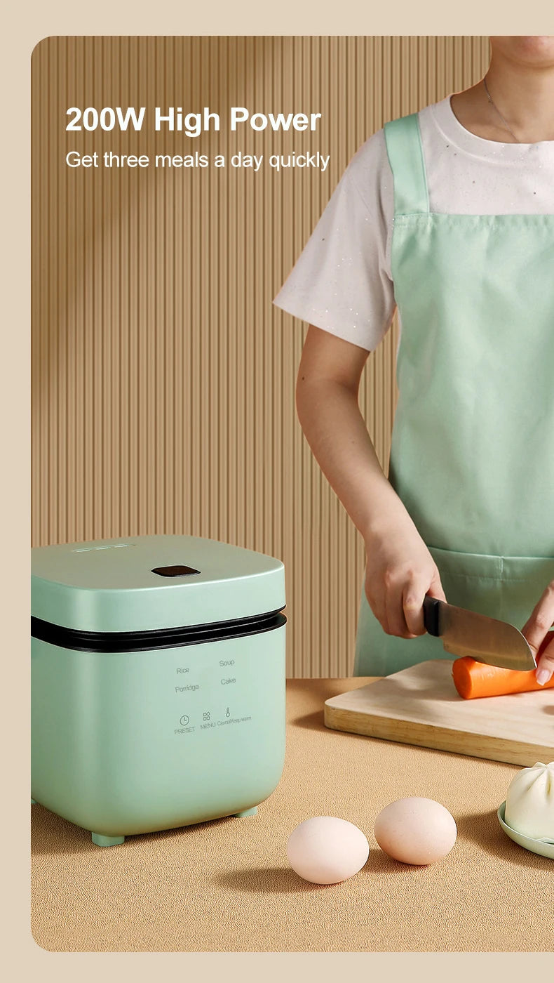 Mini electric rice cooker, mint green exterior with black lid and handle, compact 1.2L size