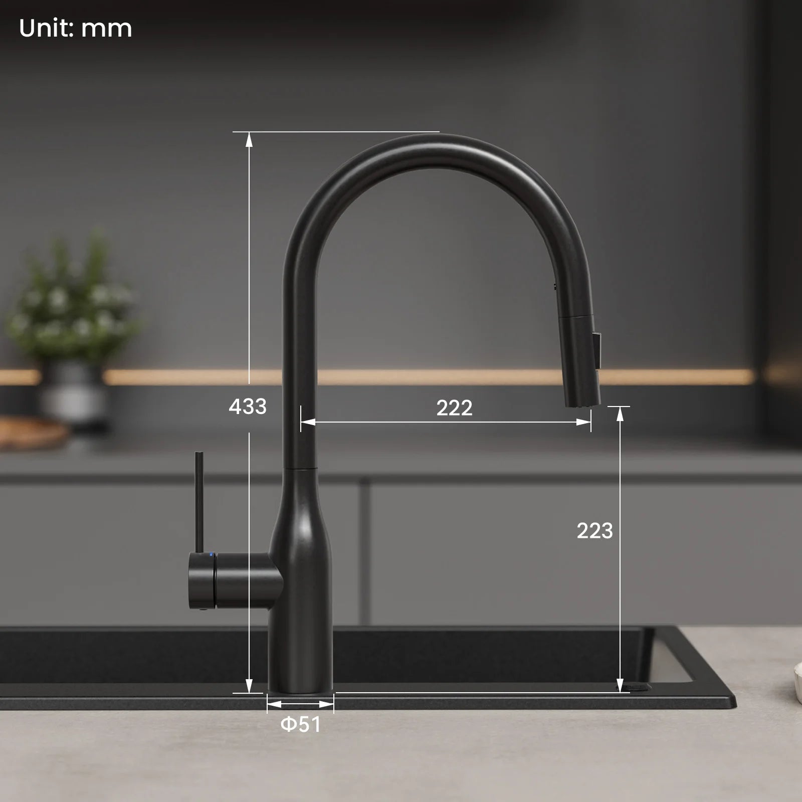 Kitchen Tap Black, Vase Umbrella Shape Pull Down Kitchen Faucet 360 Swivel, 2 Modes Spray Hot Cold Water Mixer, 304 Stainless Steel Sink Mixer, Easy Install DVGW PEX Hose, Standard G3/8 Modern Home Black Water Tap