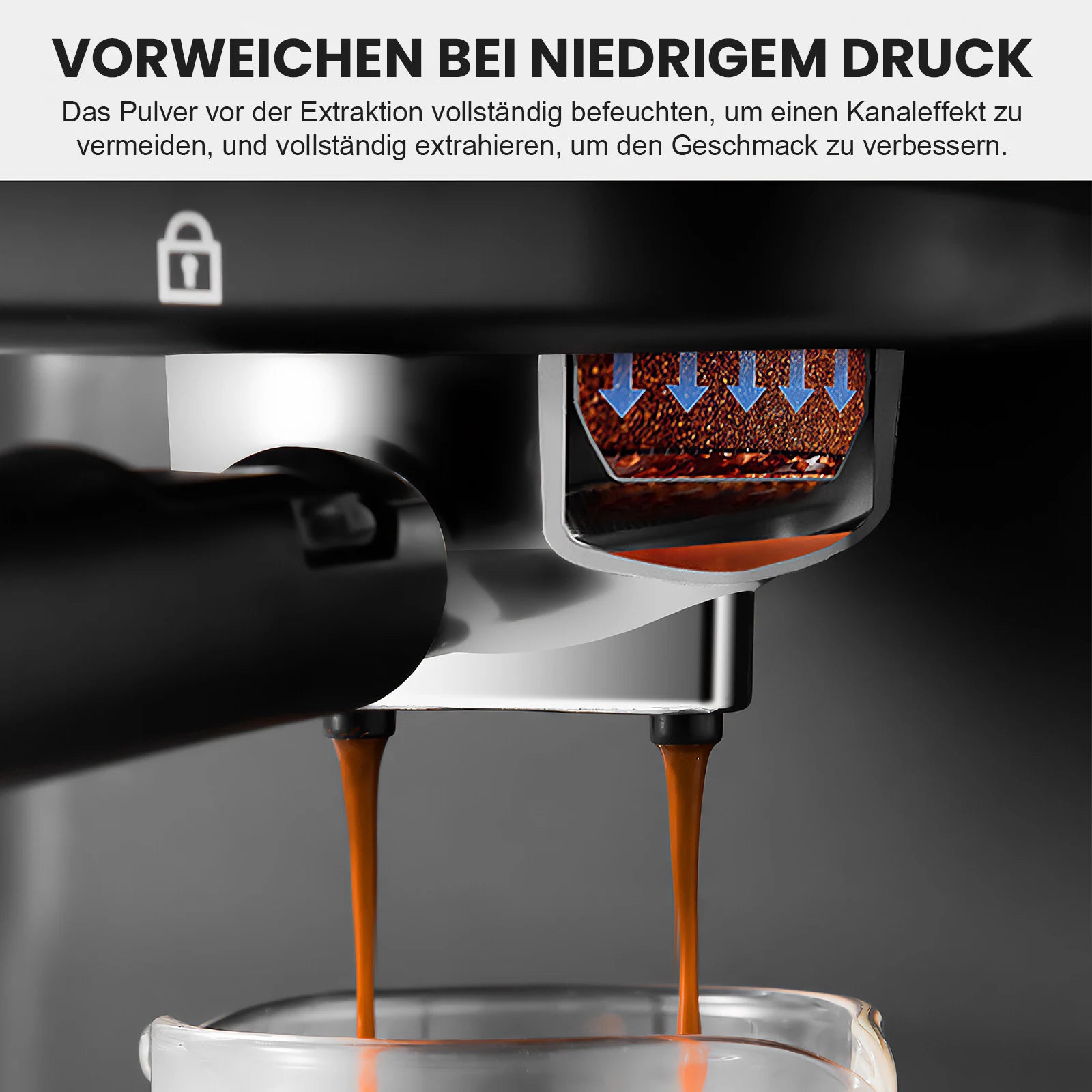 Espresso machine portafilter showing pre-infusion phase with coffee extraction into a glass cup.