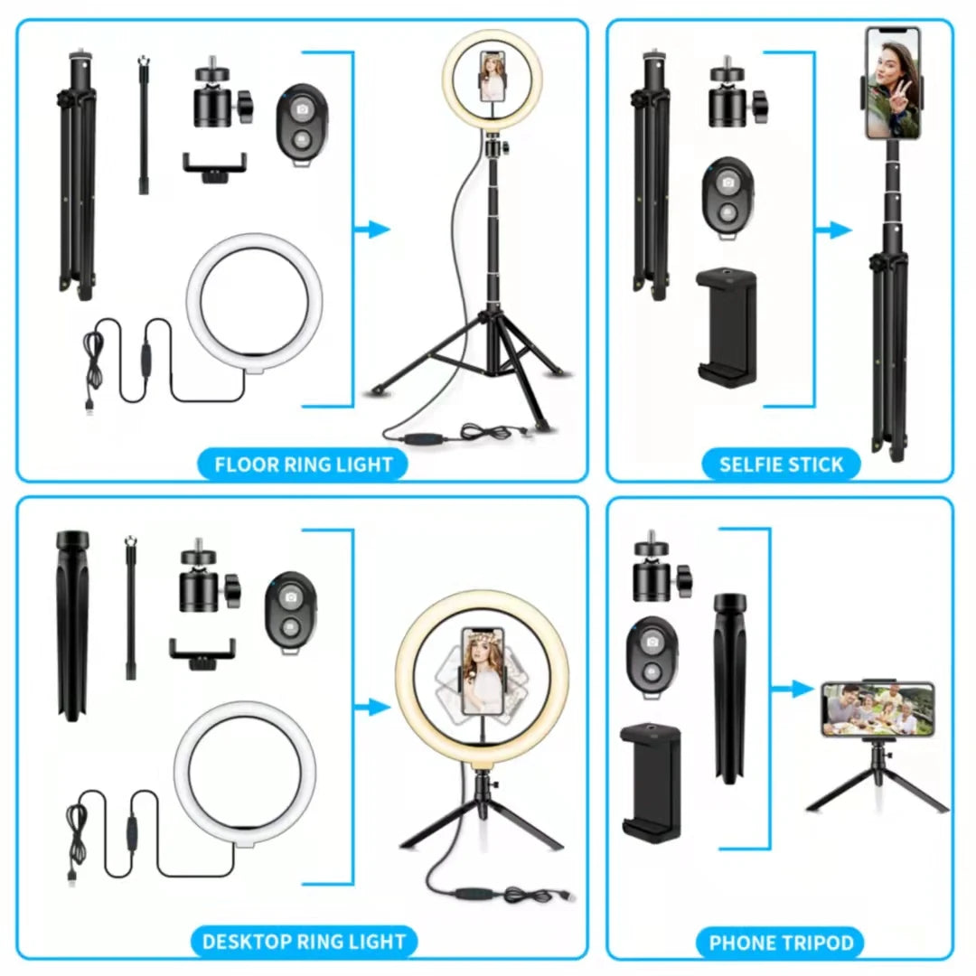 Black phone tripod kit with ring light, phone mount, and remote for floor, desktop, and selfie photography setups.