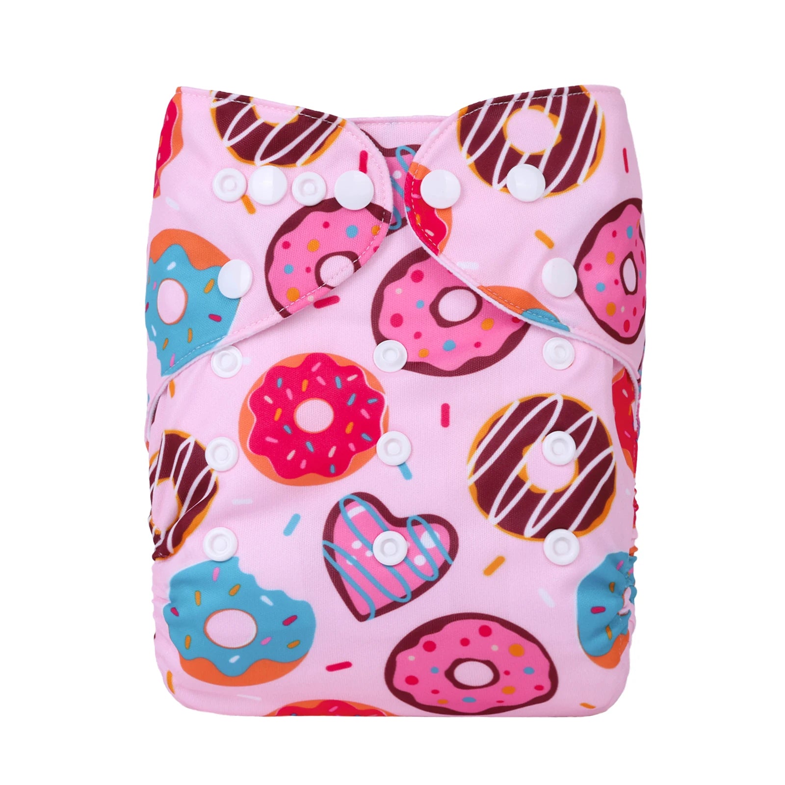 Reusable baby cloth diaper in pink with colorful donut print and adjustable snap buttons.