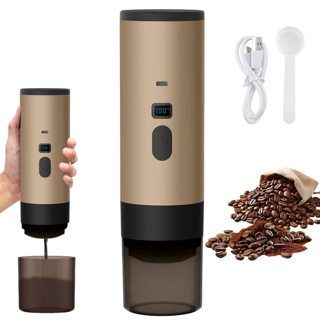 Gold portable electric coffee grinder with LED display, USB-C charging, and accessories for travel use.