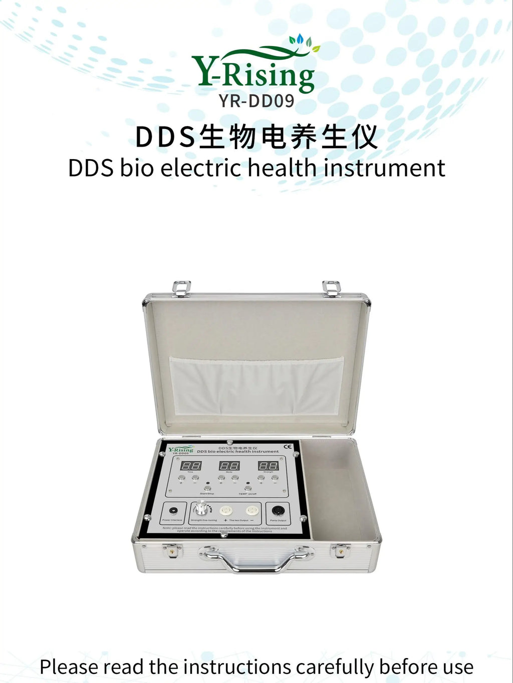 Y-Rising DDS bio electric therapy device in a portable silver aluminum case with digital display and control panel.