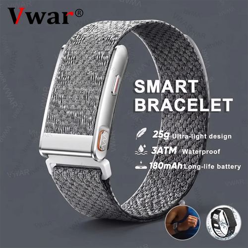 Screenless smart fitness tracker bracelet with textured gray band and metal clasp