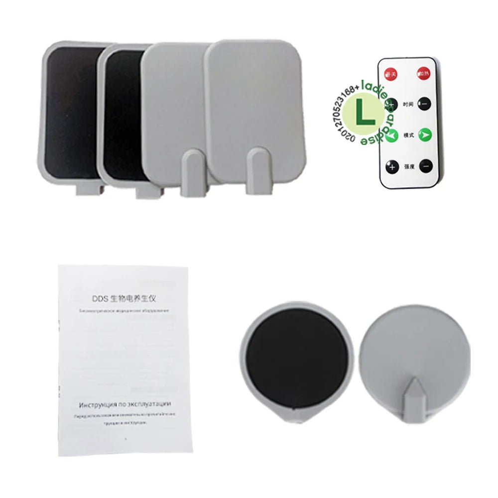 DDS bioelectric therapy pulse massager kit with gray electrode pads, remote control, and user manual for pain relief.