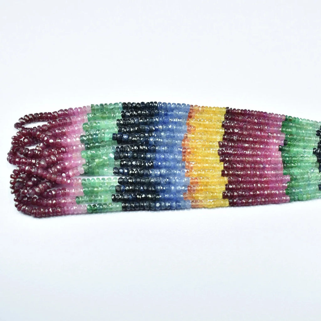 Straight multicolor faceted rondelle bead strand with maroon, green, blue, and yellow beads