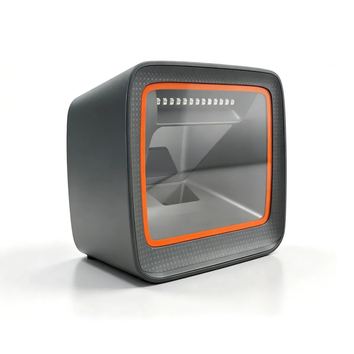 Desktop barcode scanner front view, dark gray housing with orange border