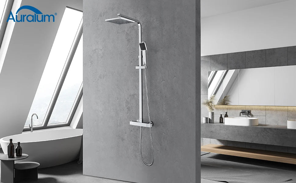 Shower column with thermostatic mixer tap, stainless steel square column, height 85-cm, geometric Minimalist style
