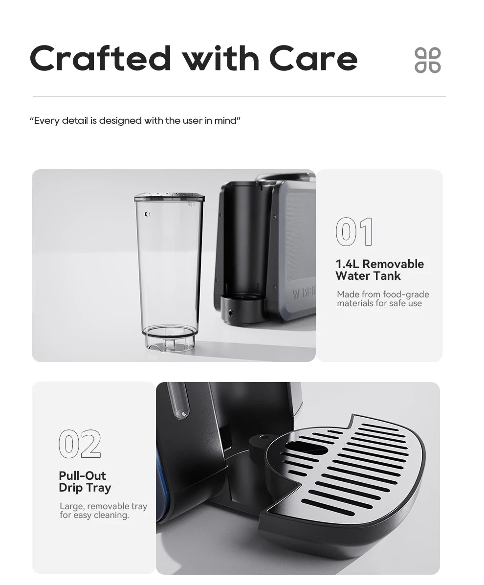 Deli coffee maker features a 1.4L removable water tank and a pull-out drip tray for easy cleaning and maintenance.