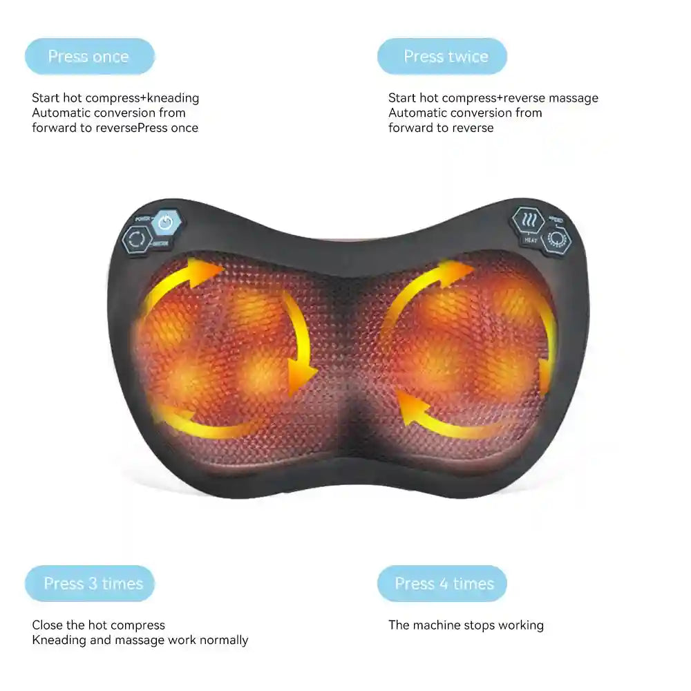 Black Shiatsu massage pillow with glowing orange heating nodes, mesh surface, and labeled control buttons.