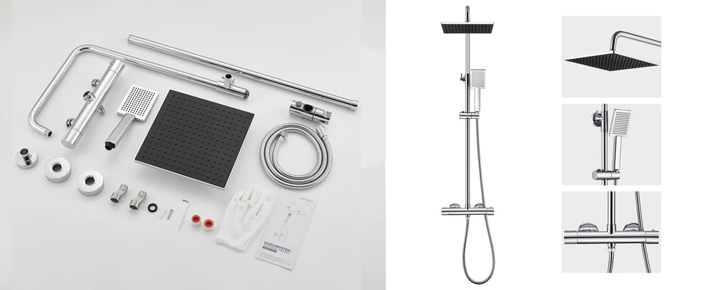 Shower bar with thermostatic mixer tap, anti-scald mixer tap, 25x25 cm shower, adjustable shower bar without drilling, Black