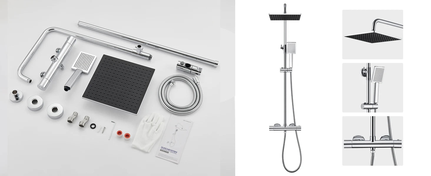 Shower bar with thermostatic mixer tap, anti-scald mixer tap, 25x25 cm shower, adjustable shower bar without drilling, Black