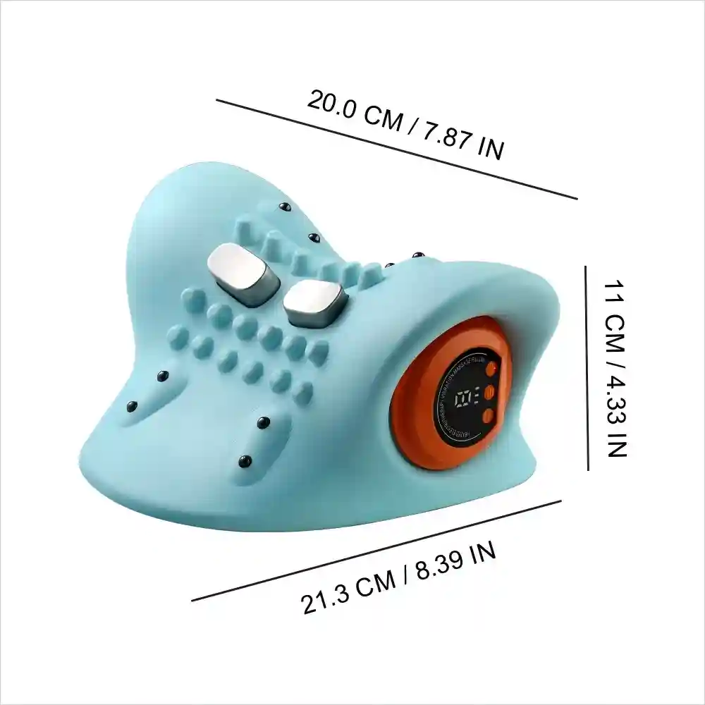 Blue ergonomic neck traction pillow with two metal electrodes, massage nubs, and an orange digital control panel.