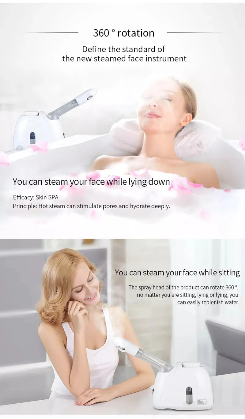 White ozone facial steamer with 360-degree rotating nozzle for warm mist spa skin care while sitting or lying down.