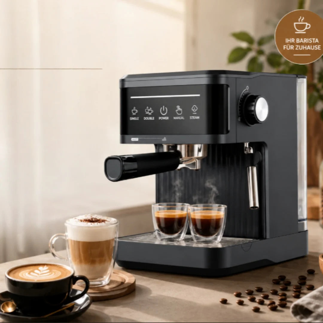 Matte black espresso machine with steam wand, touch controls, and two glass cups on a kitchen counter.