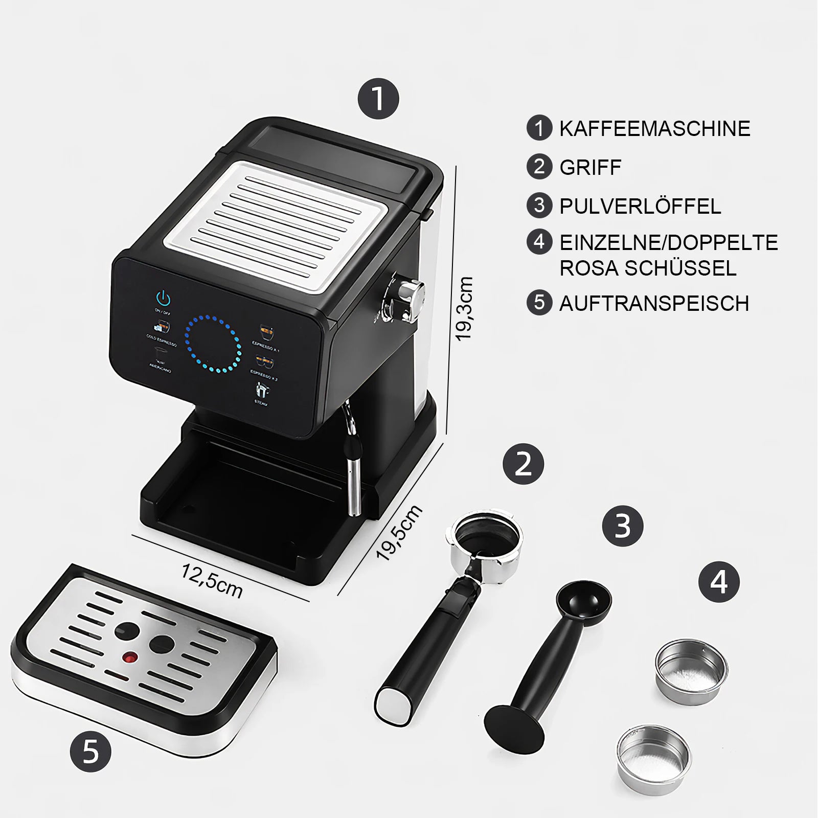 Compact black espresso machine with digital touch display, portafilter, scoop, filters, and removable drip tray.
