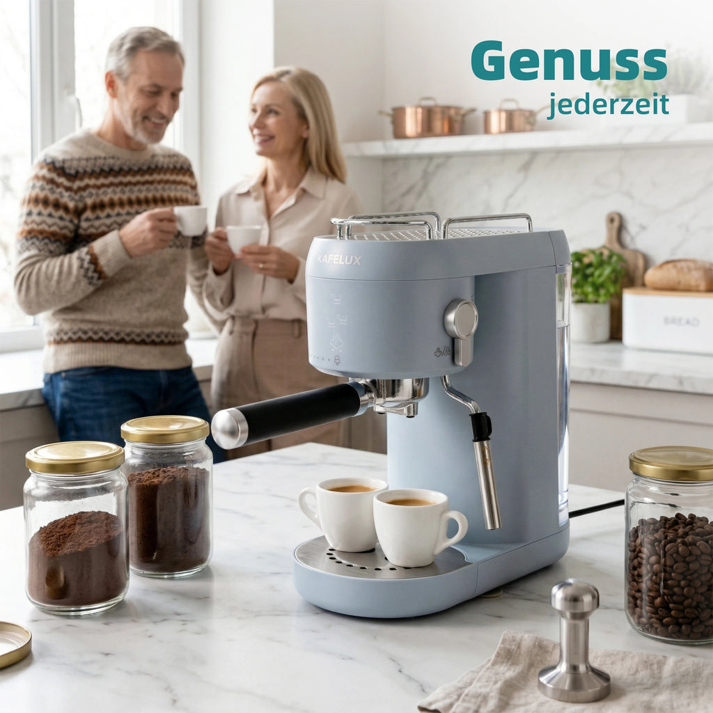 Kafelux light blue espresso machine with stainless steel portafilter making two cups of coffee on marble kitchen top.