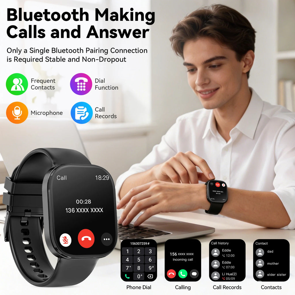 Men Smart Watch 1.88 Inch HD TFT Large Screen Bluetooth Dial Answer Call IP68 Waterproof Fitness Tracker 24H Sleep Health Monitor DIY Custom Watch Faces Multi Sports Modes Ultra Long Standby Smartwatch For Android IOS