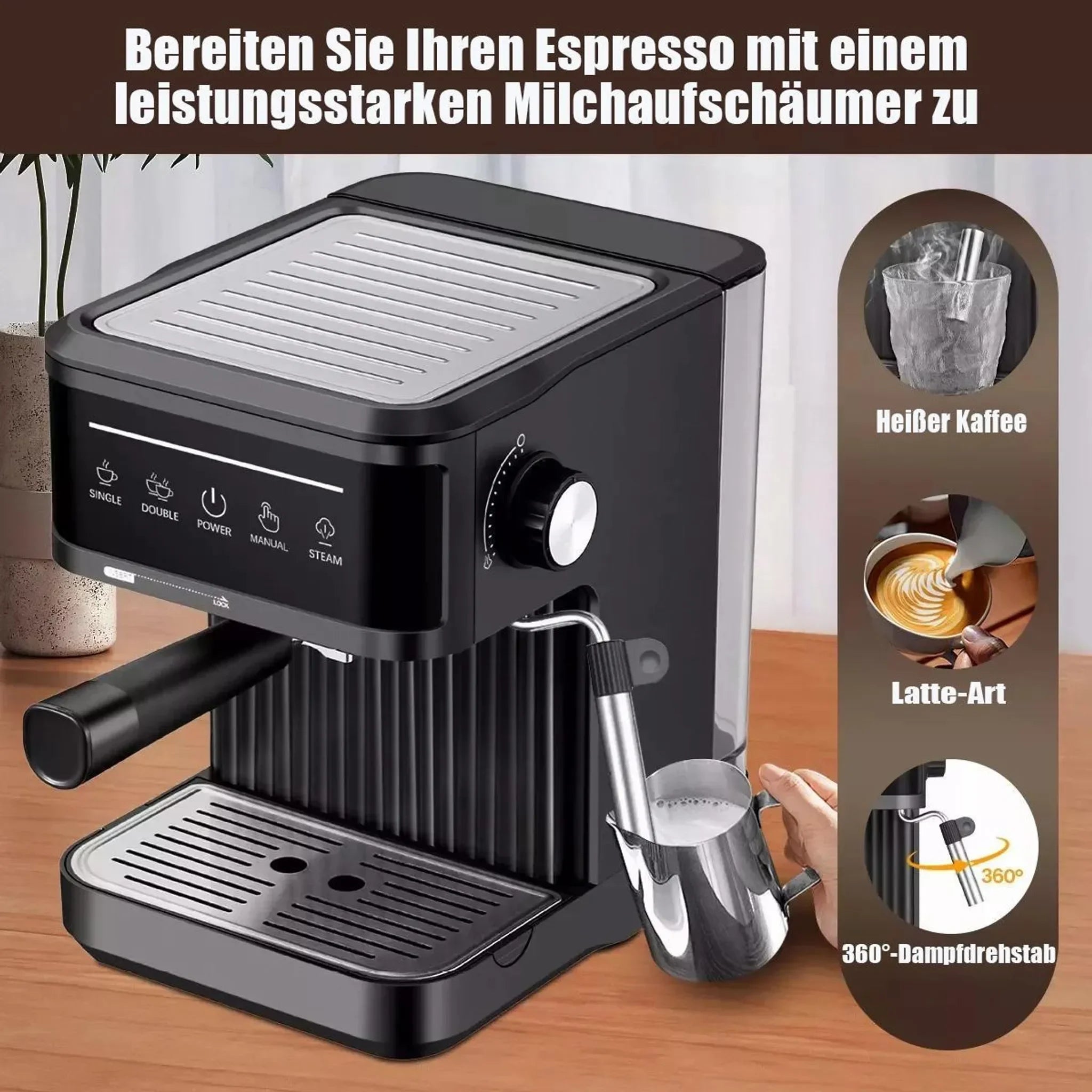 Black espresso machine with milk frother, stainless steel steam wand, and digital touch control panel.