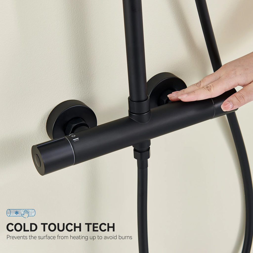 Shower bar with thermostatic mixer tap, anti-scald mixer tap, 25x25 cm shower, adjustable shower bar without drilling, Black