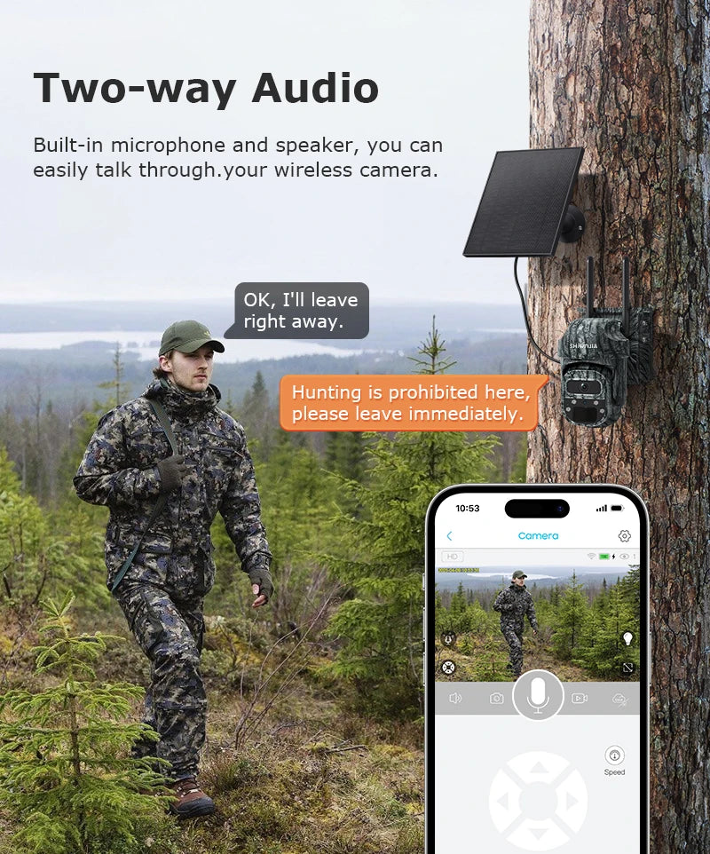 SHIWOJIA Mini PTZ Camouflage Solar Camera 4G WiFi IP65 Wide Angle AI Animal Detection Trail CCTV Security for Hunting Outdoor