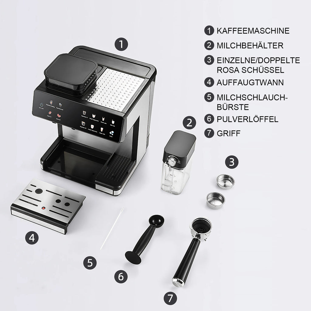 Black and silver espresso machine with milk frother, portafilter, and accessories on white background.
