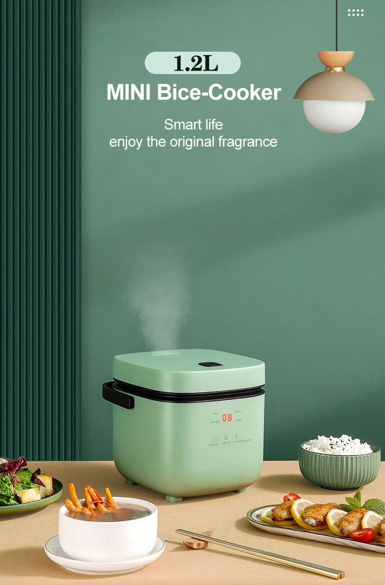Mini electric rice cooker with green body and display window, compact 1.2L design.