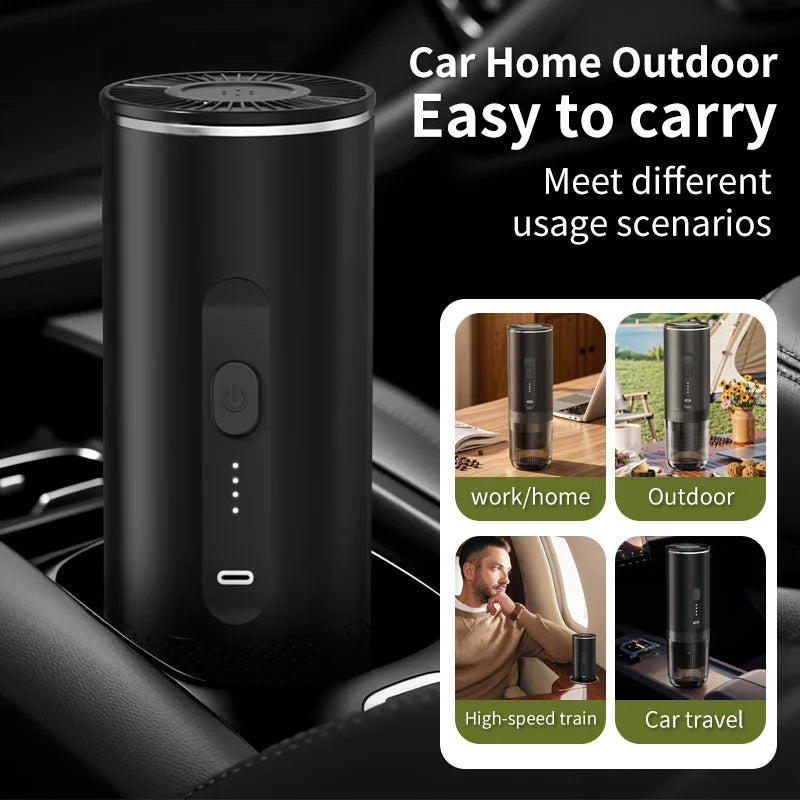 Black portable electric coffee maker, compact matte cylinder for car, home, and travel use with USB-C charging.