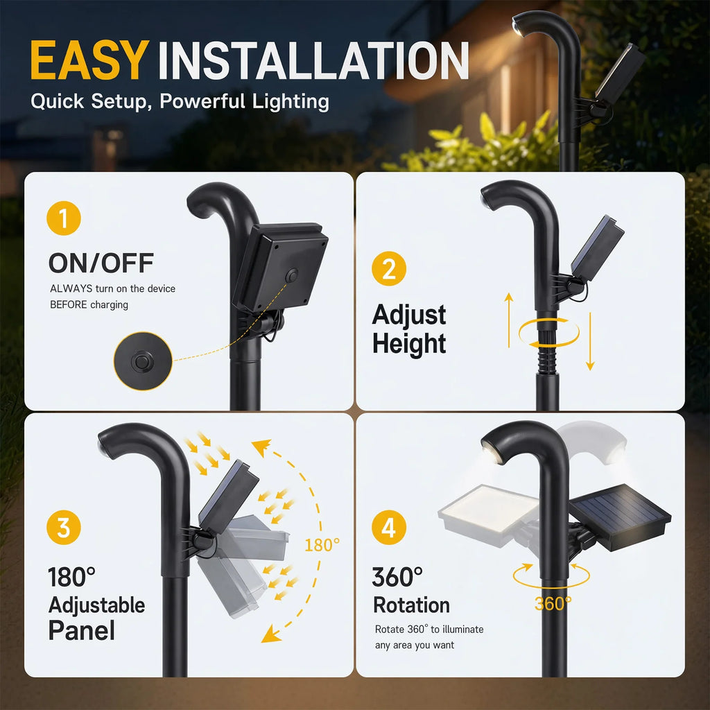 2 Pack Solar Pathway Lights Auto On/Off Dusk to Dawn 360° Rotatable Panel & Adjustable Height Waterproof Outdoor Garden Lights for Walkway Patio Yard