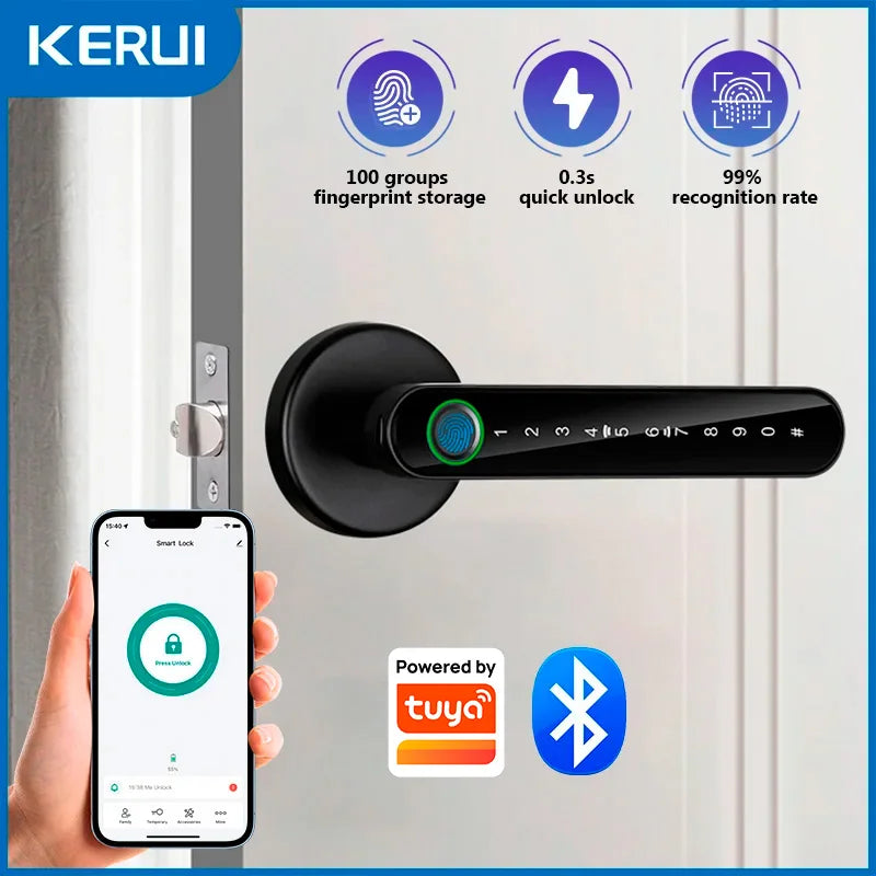KERUI Fingerprint Door Lock  Works with Tuya Smart Electronic Door Lock with Fingerprint/Password/Key/Tuya APP/Card Unlock