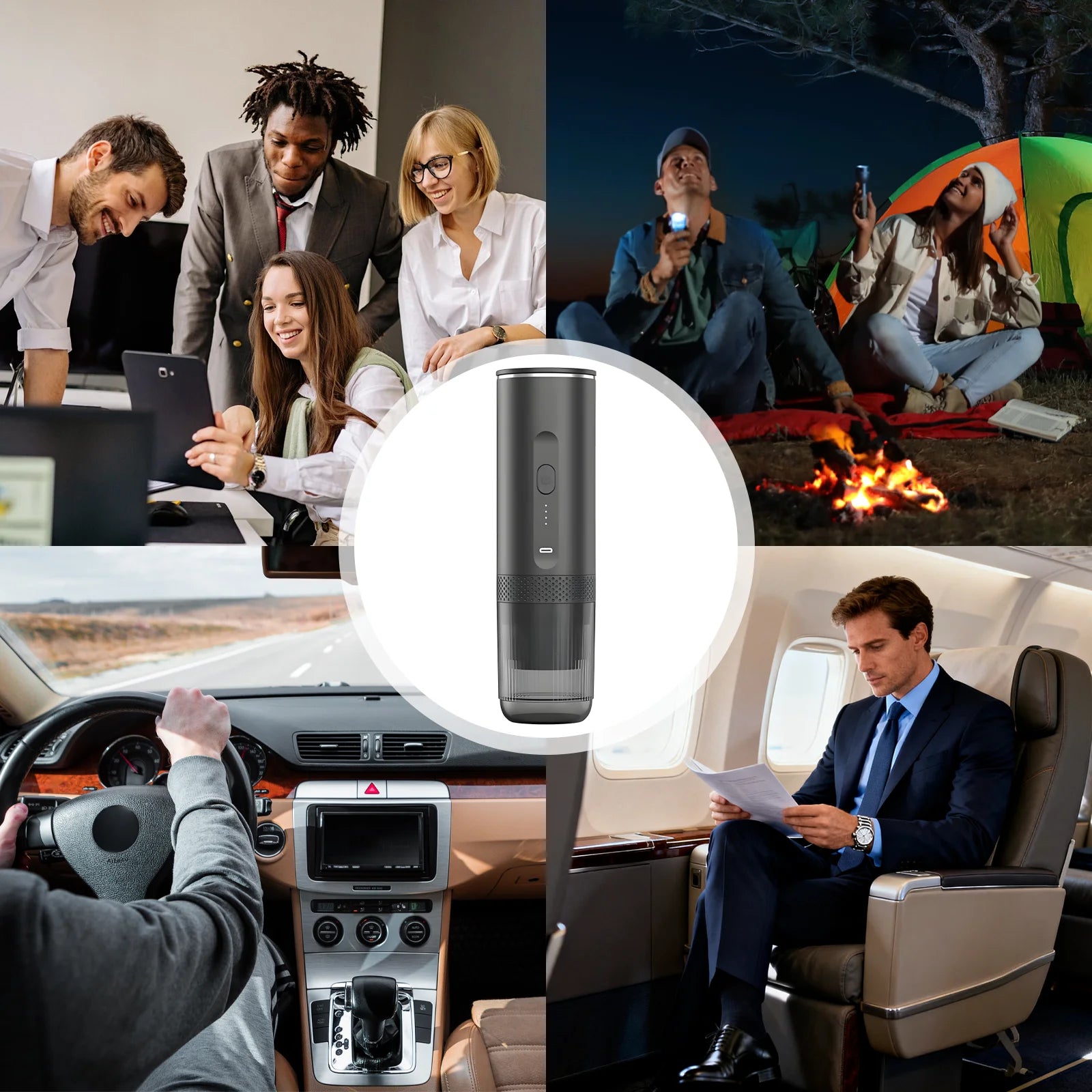 Portable charcoal grey electric espresso coffee maker for travel, office, camping, and car use.