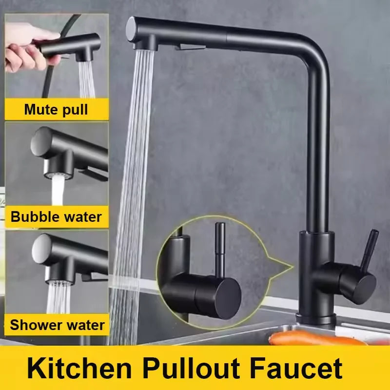 2 Modes Stream & Sprayer Matte Black Kitchen Faucet, Pull Out Sprayer Hot Cold Water Mixer Tap, Sink Faucet for Home Kitchen