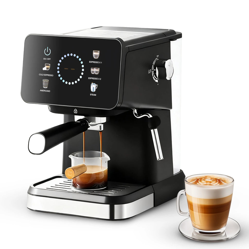 Black espresso coffee machine with digital touch screen, steam wand, and portafilter brewing fresh espresso.