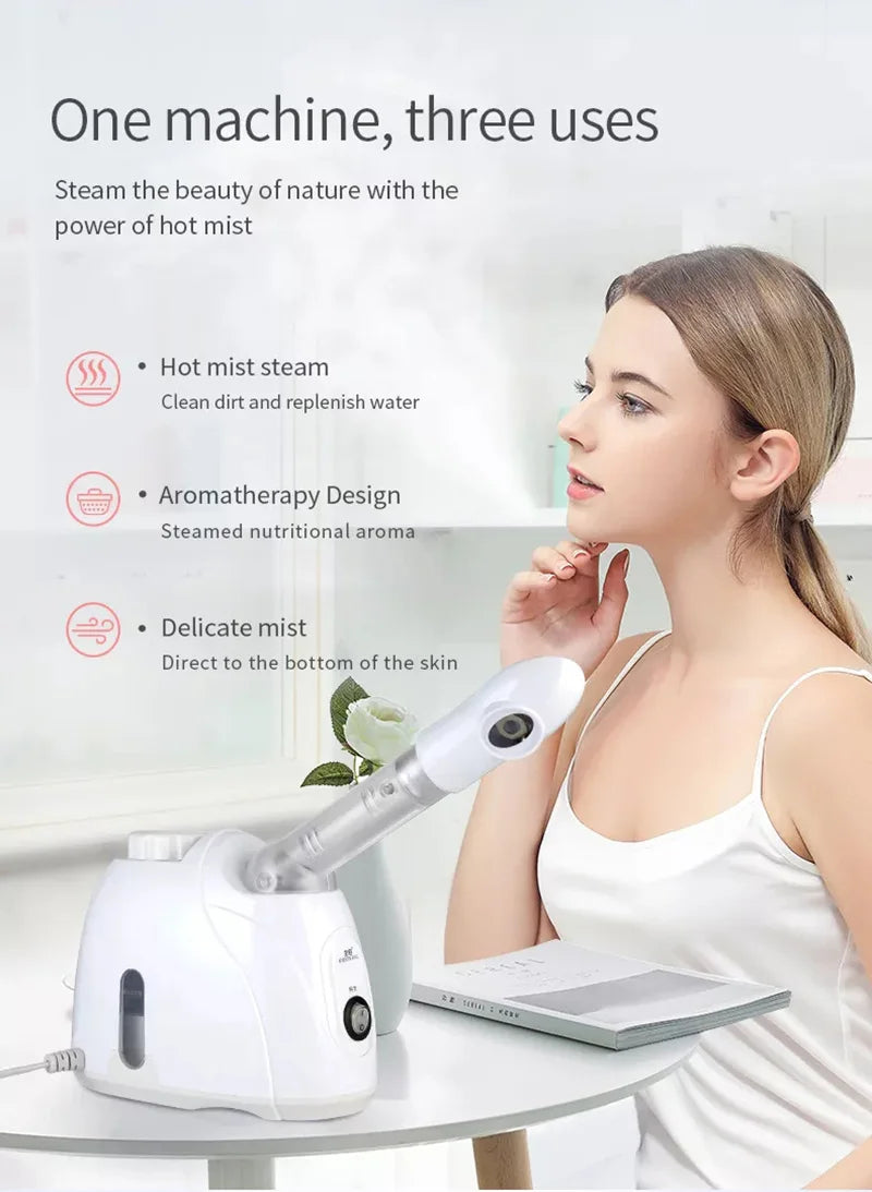 Woman using white ozone facial steamer for deep cleaning, warm mist hydration, and home spa skincare treatment.