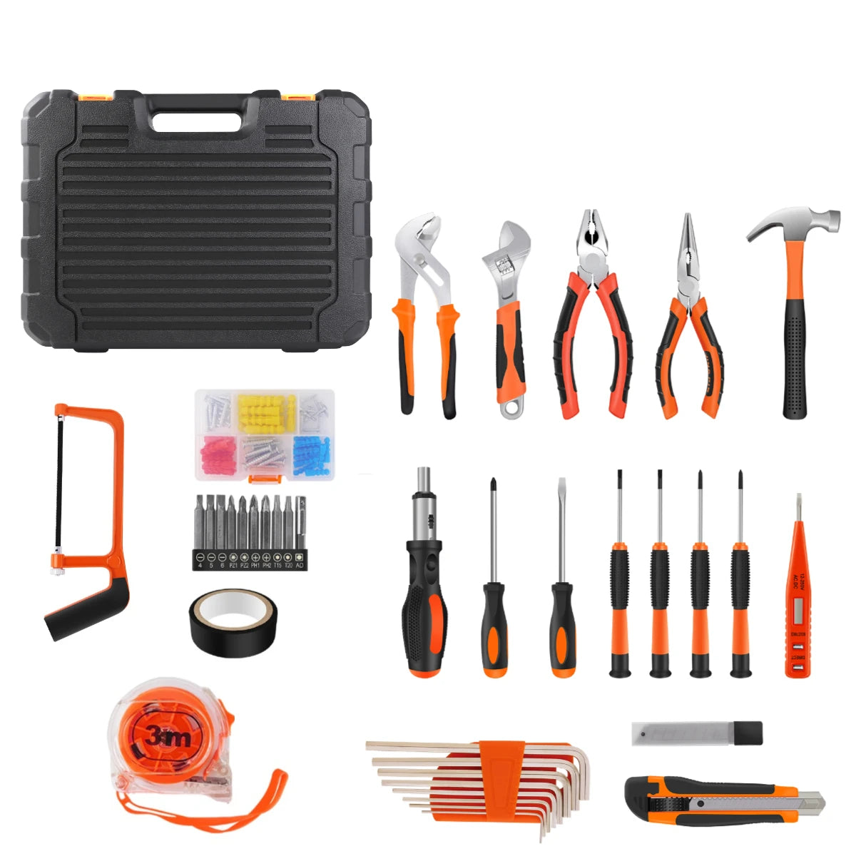 Manual Toolbox Household Tool Set with tools box, Pliers Hammer screwdriver Saw Measure Tape, Repair tools for furniture Assembly & Electrical Work