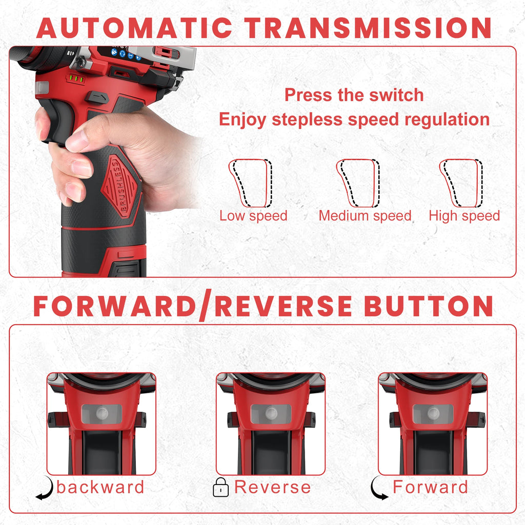 80N.M Brushless Drill 2 Batteries Torque Adjustment 16.8V Impact Drill 3 in 1 Screwdriver 1600Rpm Electric Drill Power Tool