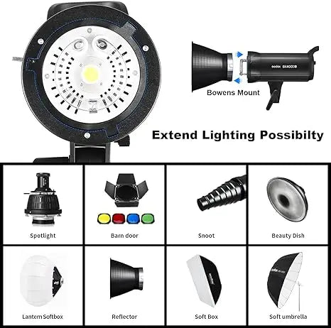 Bowens mount studio lighting adapter with versatile accessories including softboxes, reflectors, filters, and snoots.