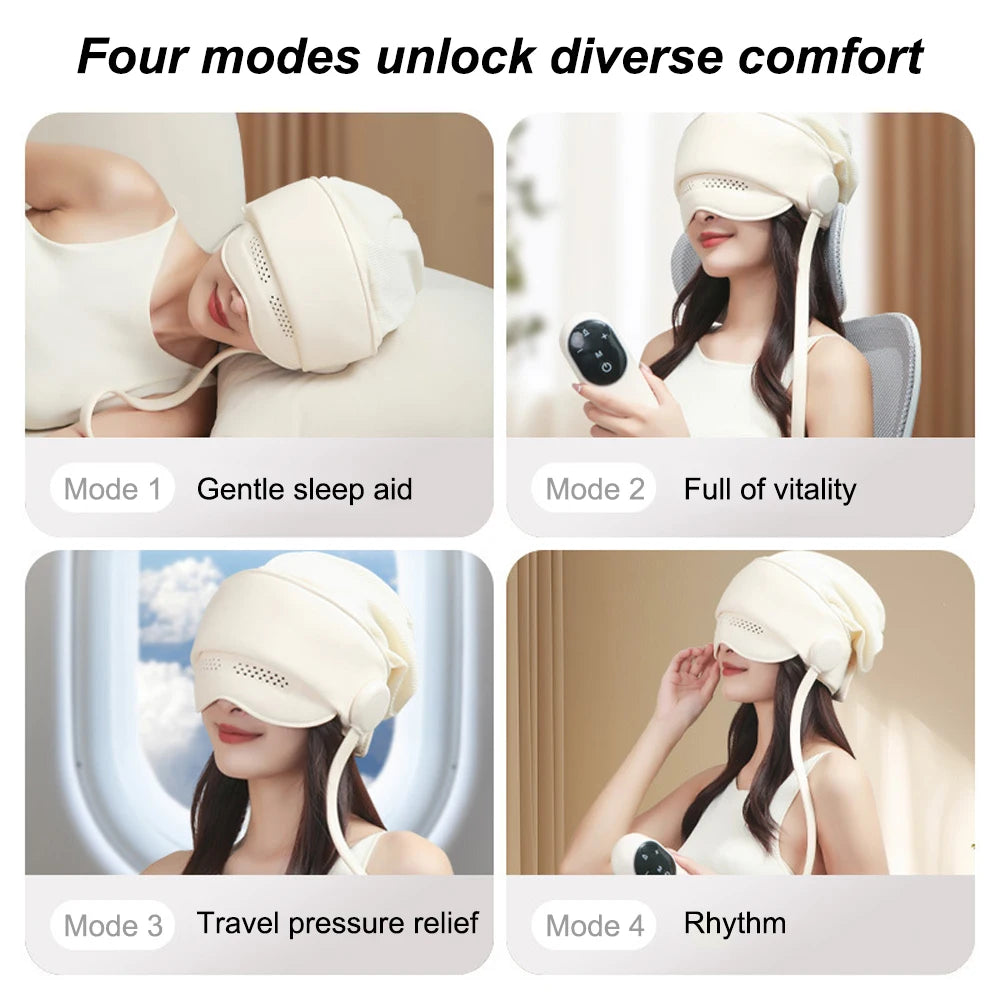 Woman wearing cream electric head and eye massager with air pressure, heat, and remote control for relaxation.