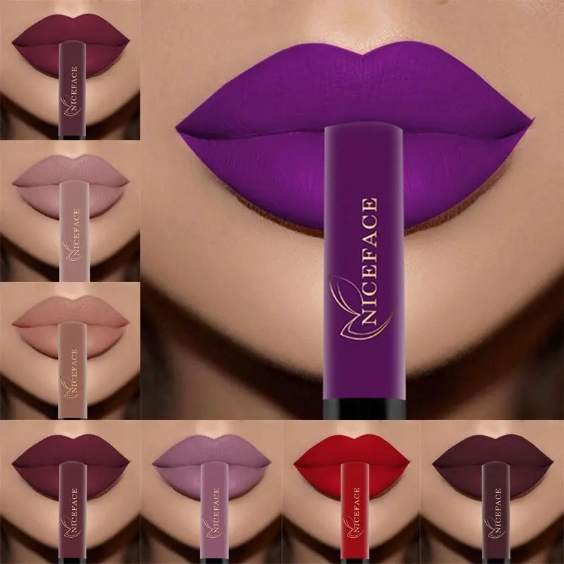 Matte liquid lipstick set in multiple vibrant shades showing long-lasting, waterproof, full-coverage lip makeup.