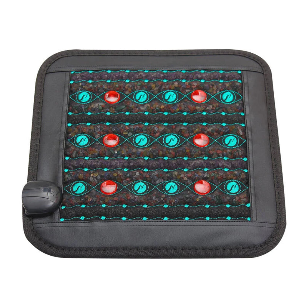 Square infrared heating pad with black trim, embedded red crystal stones, and teal embroidery for therapeutic relief.