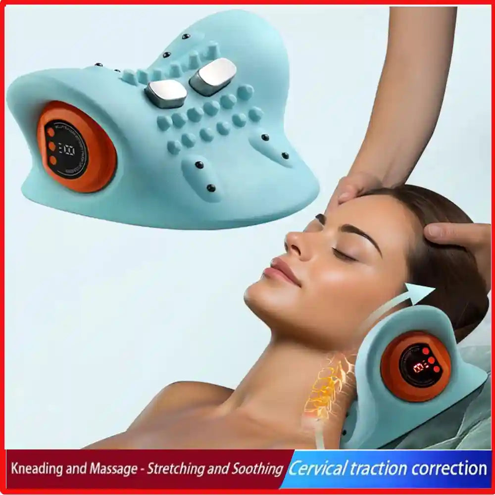 Blue electric cervical neck massager with silver nodes, an orange digital control panel, and ergonomic traction shape.