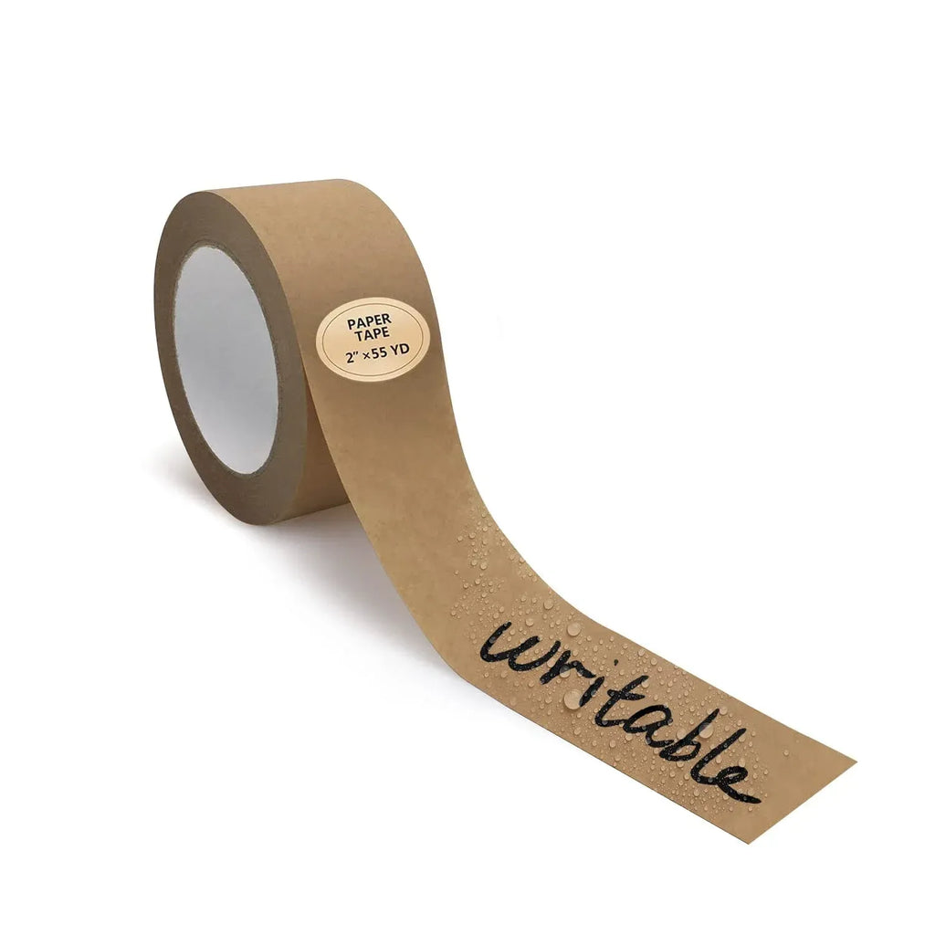 Writable kraft paper tape roll with blank center and printed label on the core