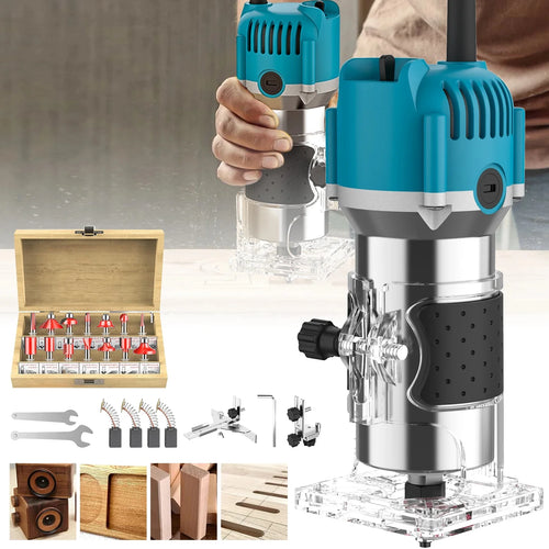 Teal electric wood edge trimmer router with clear base and transparent bit assembly