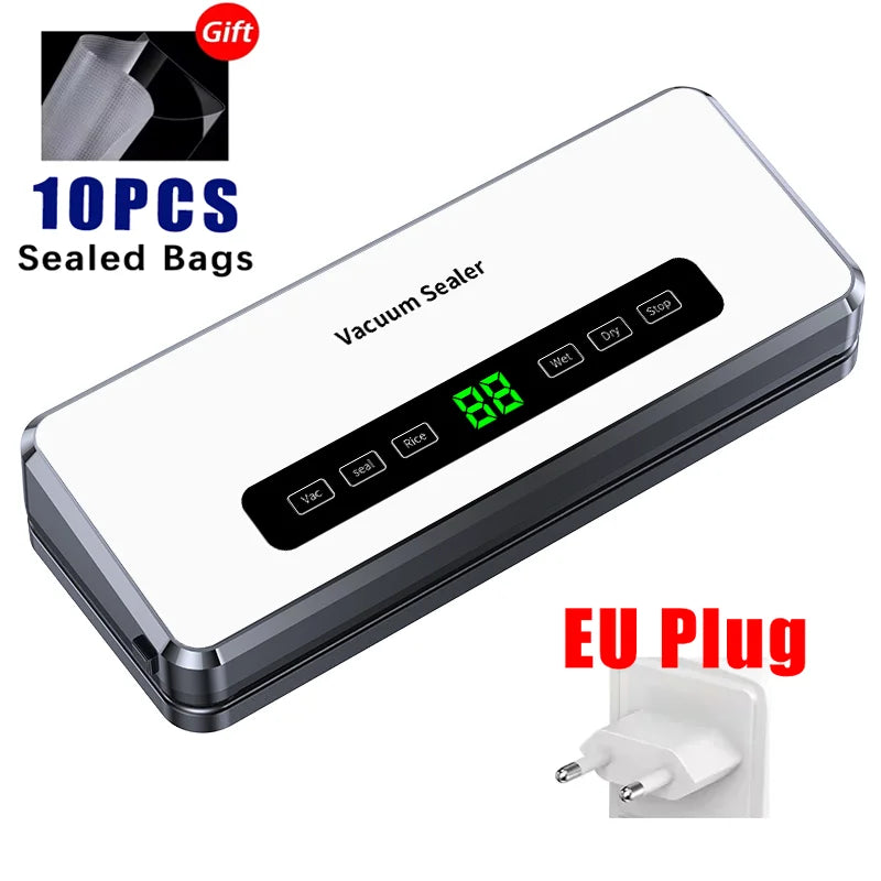Electric food vacuum sealer with EU plug, white body, dark gray base, green display