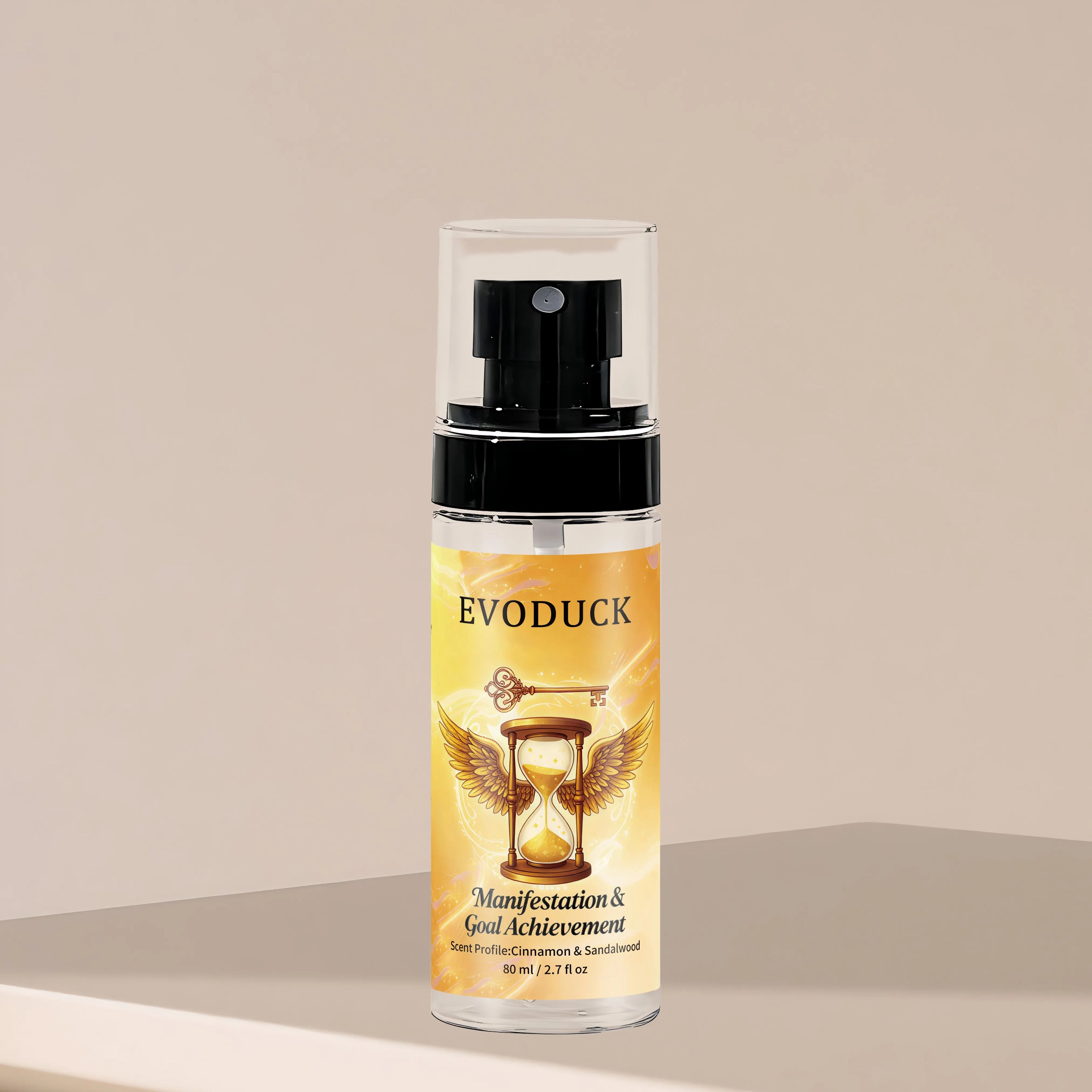 Evoduck 2.7oz cinnamon & sandalwood body spray, a long-lasting travel-size fragrance mist for women in a clear bottle.
