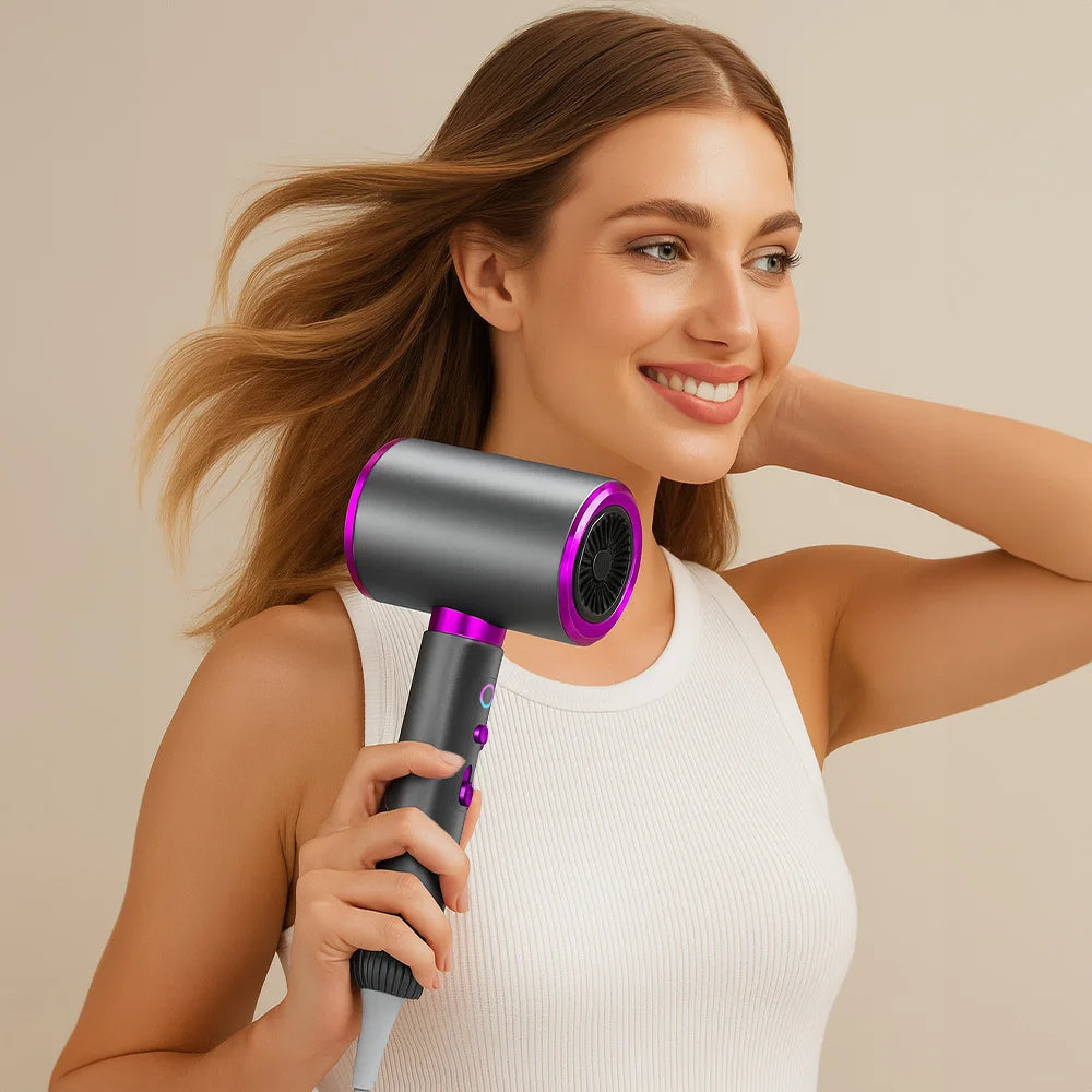 Woman using a professional 2400W grey and purple high-speed negative ion hair dryer for quick, smooth styling.
