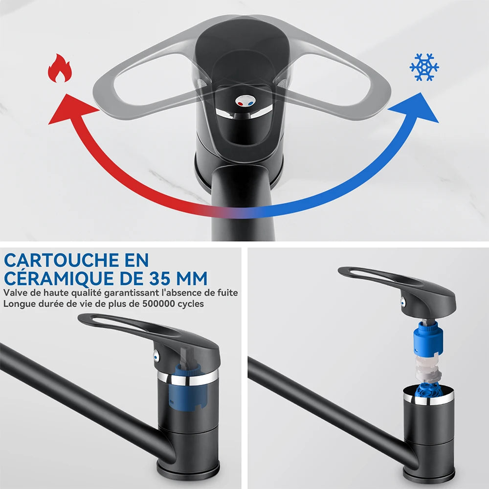 Black Kitchen Tap, Slanted Design 360 Swivel Bathroom Basin Faucet Hot Cold Water Mixer, Brass Stainless Steel Sink Tap, Removable Aerator PEX Hose, Standard G3/8 Modern Home Laundry Countertop Mounted Water Tap