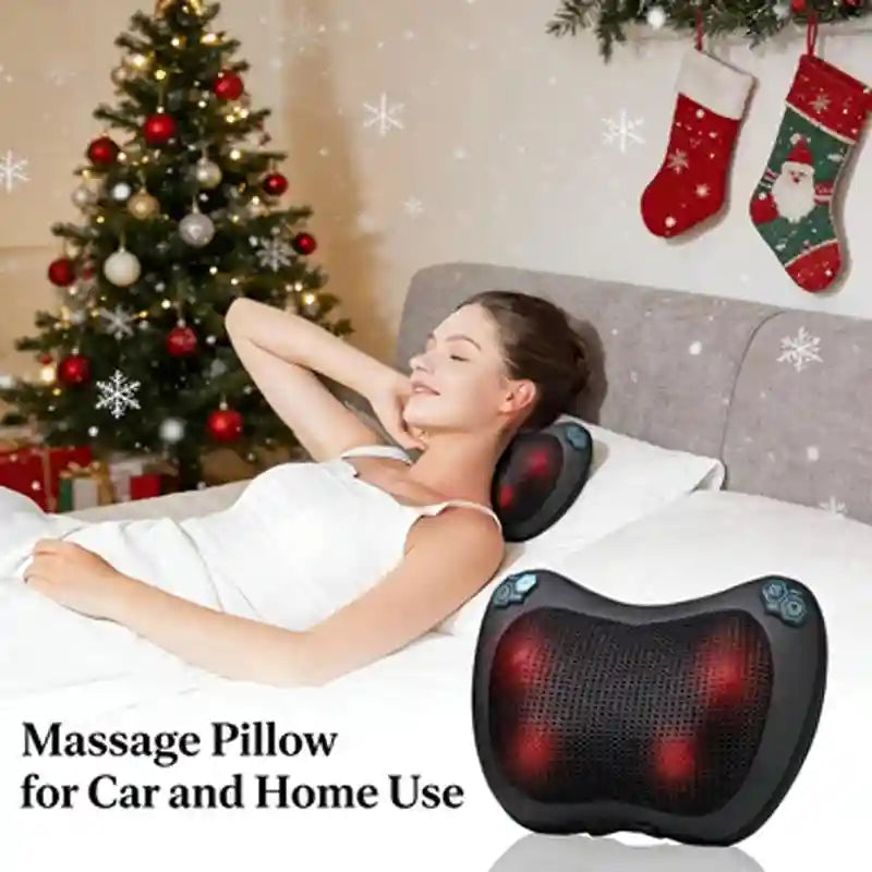 Black Shiatsu massage pillow with 4 glowing red kneading nodes, designed for neck and back pain relief.