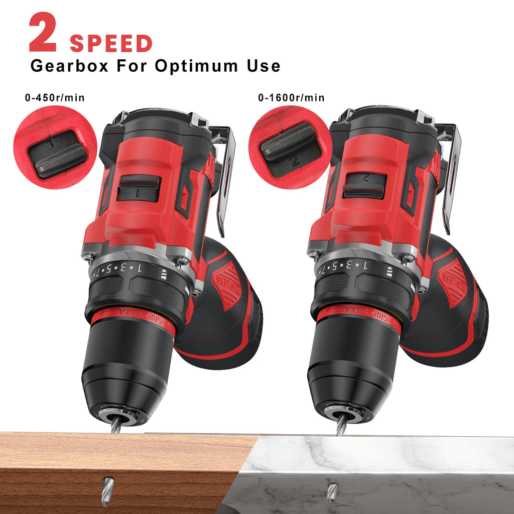 80N.M Brushless Drill 2 Batteries Torque Adjustment 16.8V Impact Drill 3 in 1 Screwdriver 1600Rpm Electric Drill Power Tool